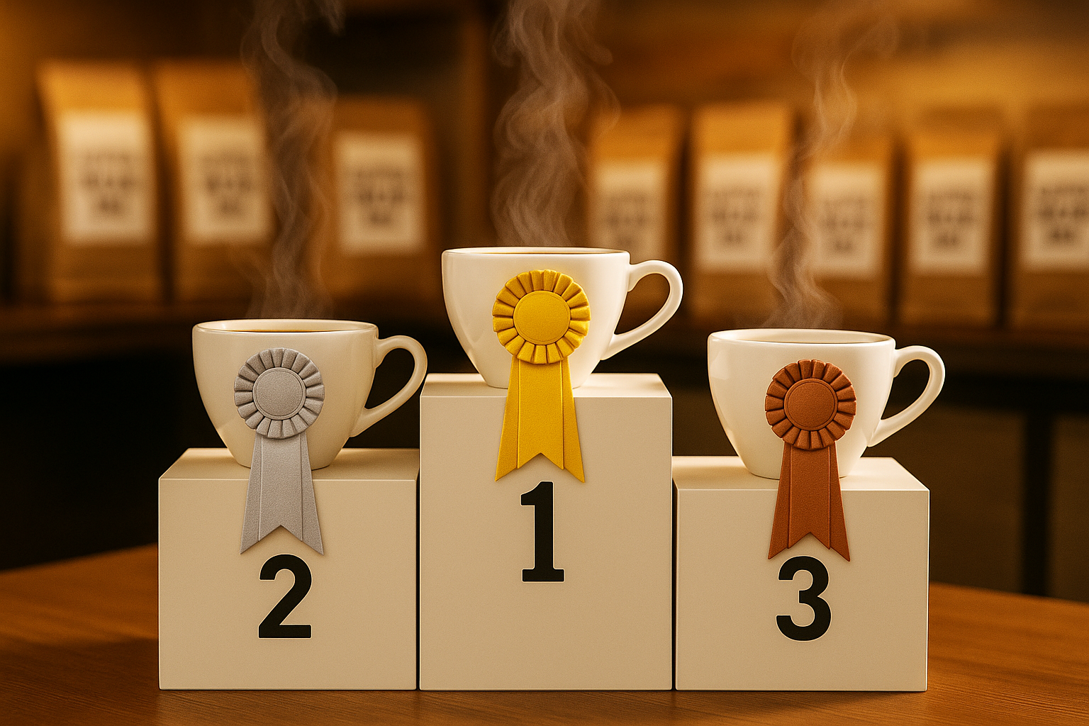 3 cups of coffee sitting on a table with a prize ribbon hanging on each of them, representing 1st, 2nd, and 3rd place price. have each cup sitting on a little box that elevates it in relation to the prize placement. have a couple bags of coffee in the background blurred out each labeled with the words "Coffee Near Me"