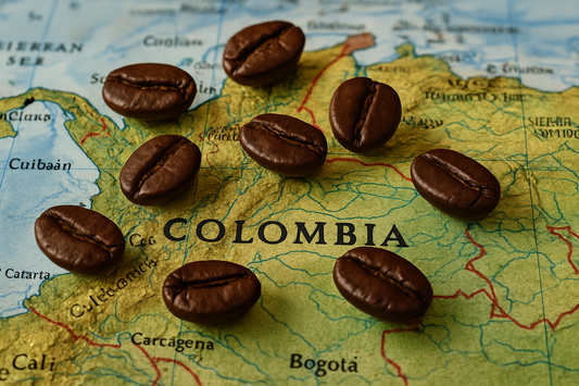a few scatter roasted coffee beans laying on a map of Colombia