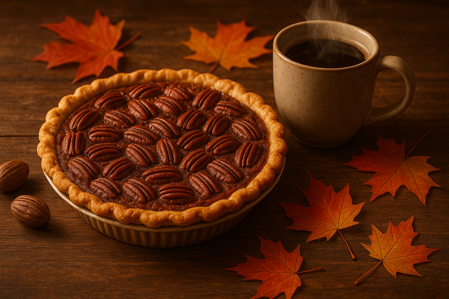 a fresh baked pecan pie with a couple pecans scattered on the counter next to it and a fresh cup of steaming coffee sitting next to it as well. have a few fall leaves on the table