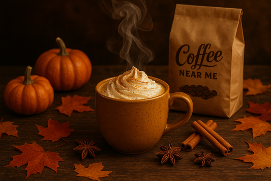 add a bag of coffee beans in the background that's labeled "Coffee Near Me"