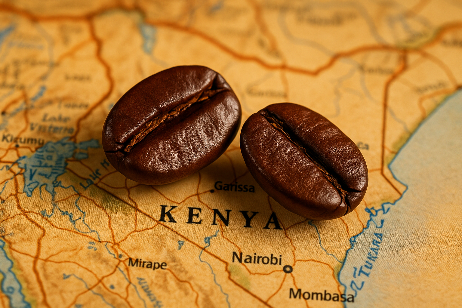 Freshly roasted coffee beans laying on a map of Kenya from Coffee Near Me