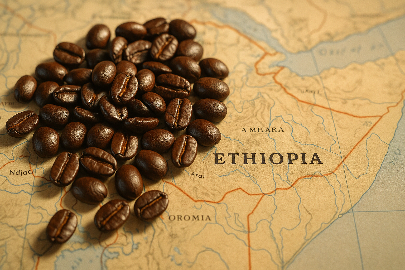 roasted coffee beans laying on a map of Ethiopia from Coffee Near Me