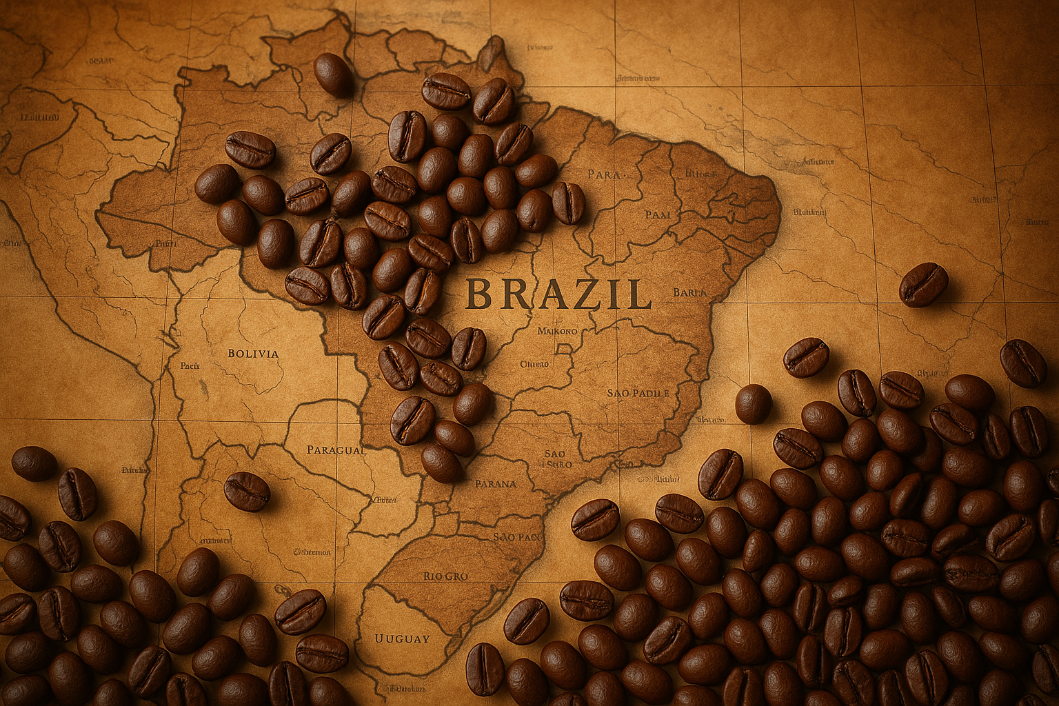 some coffee beans scattered on a map of Brazil