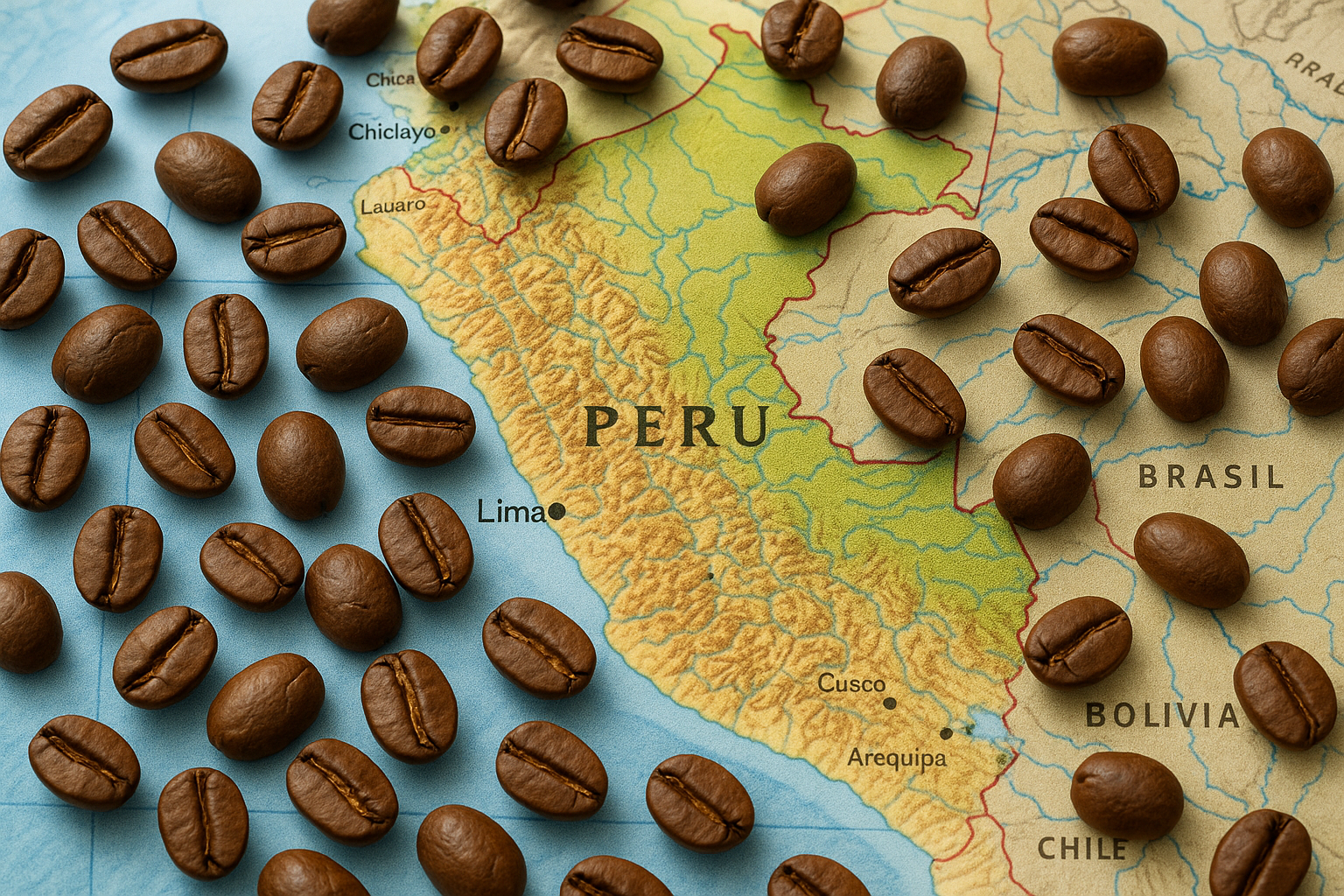 whole beans laying on a map of peru