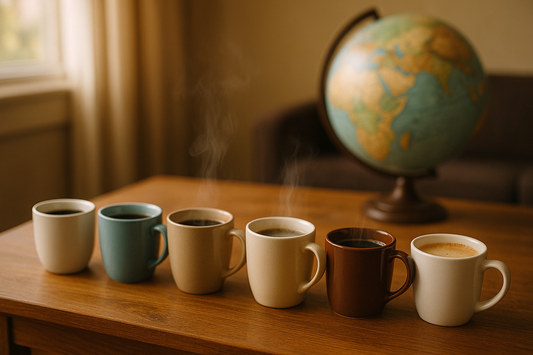 6 cups of coffee lined up on a coffee table with a globe of the world in the background, slightly blurred