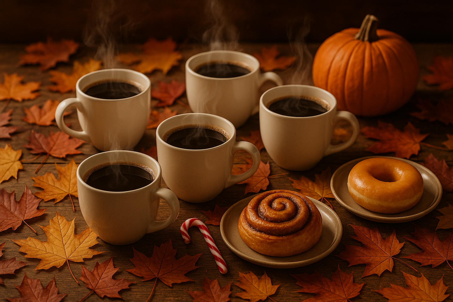 6 cups of steaming coffee sitting on a table decorated with fall leaves next to a cinnamon roll on a plate, a donut on another plate, a pumpkin in the background, and a candy cane next to one of the coffee cups