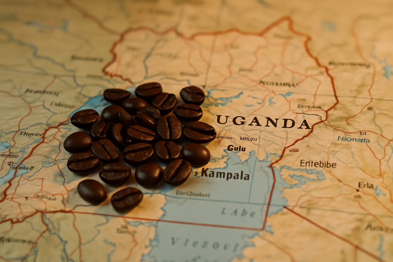 a small pile of coffee beans on a map of Uganda from Coffee Near Me