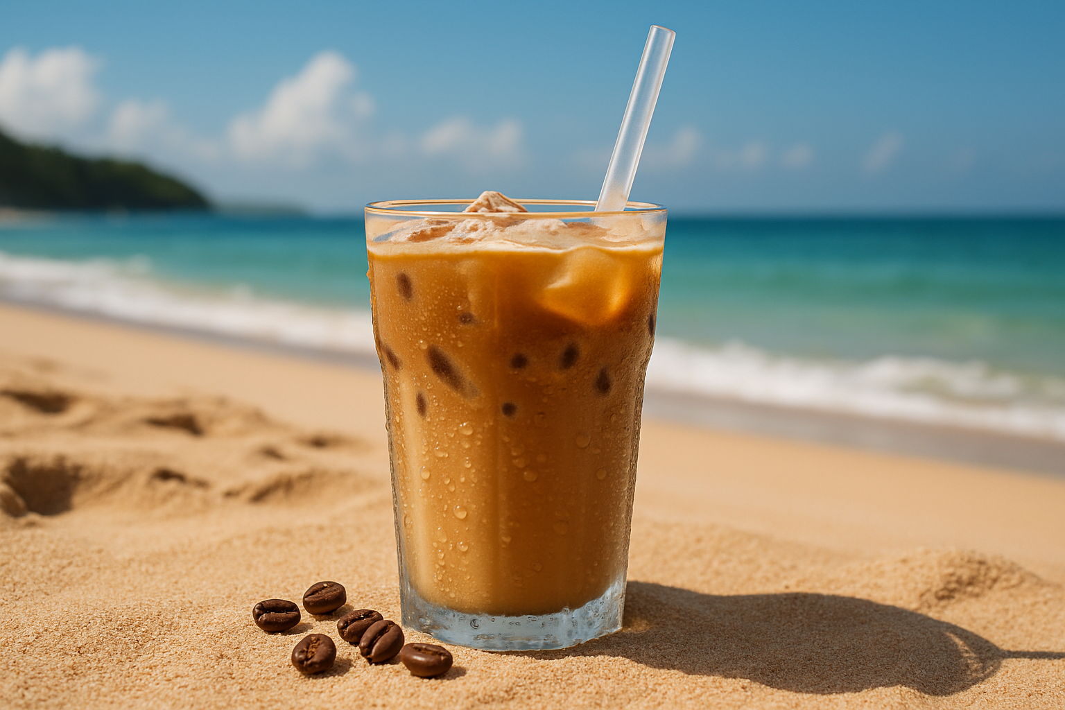 a medium close-up of an inviting looking iced coffee with water droplets on it sitting in the sand on a beach in Bali with a few coffee beans scattered casually in front