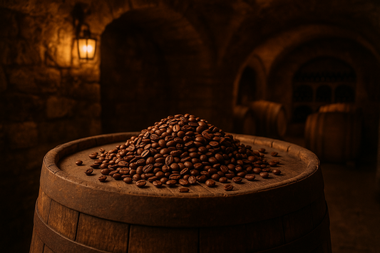 a pile of beans on top of an old wooden barrel in a beautiful cellar