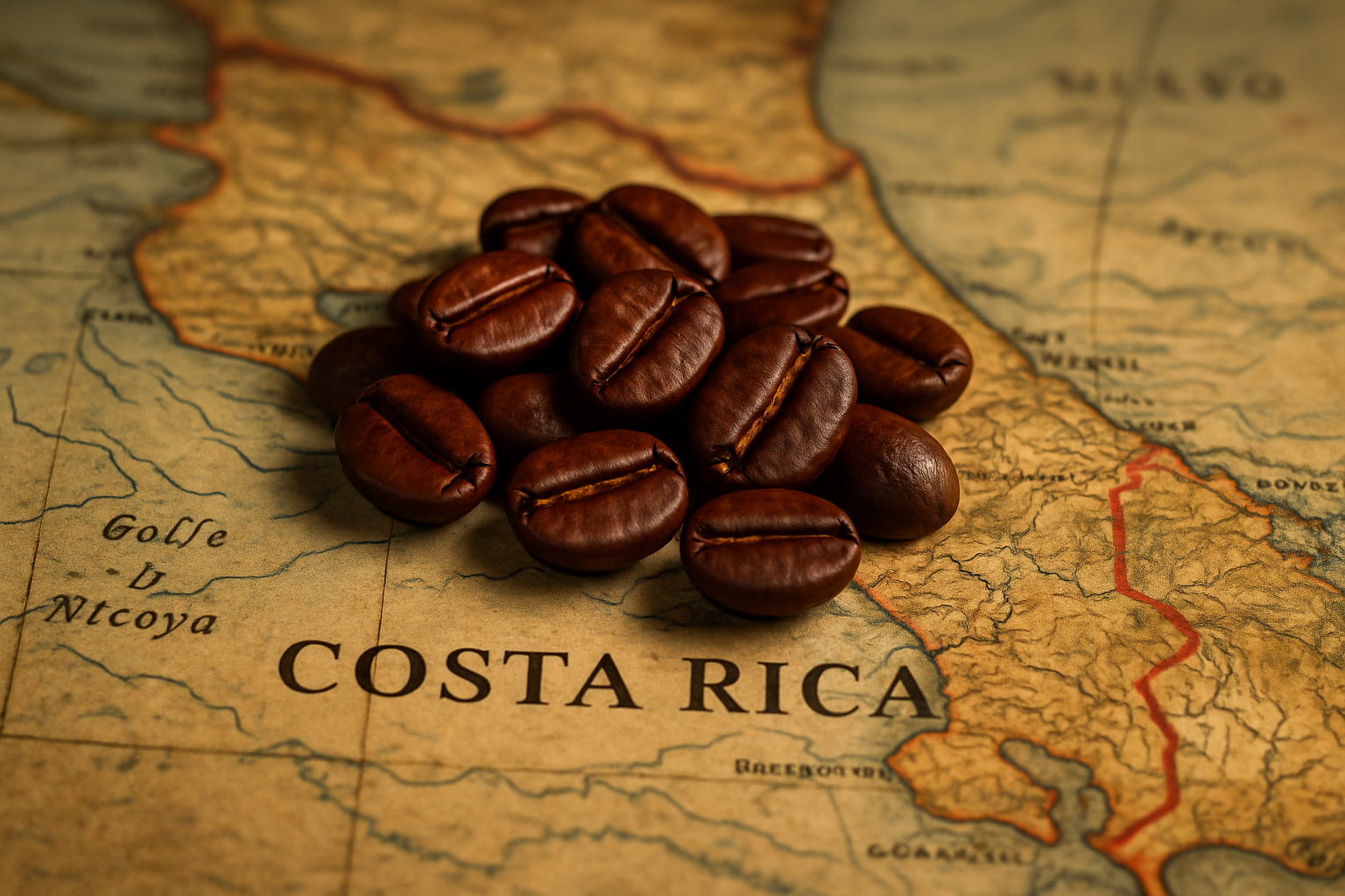 a small pile of roasted, whole coffee beans laying on a map of Costa Rica