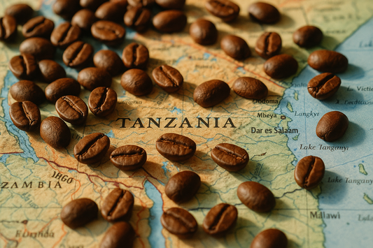 Freshly roasted coffee beans on a map of Tanzania